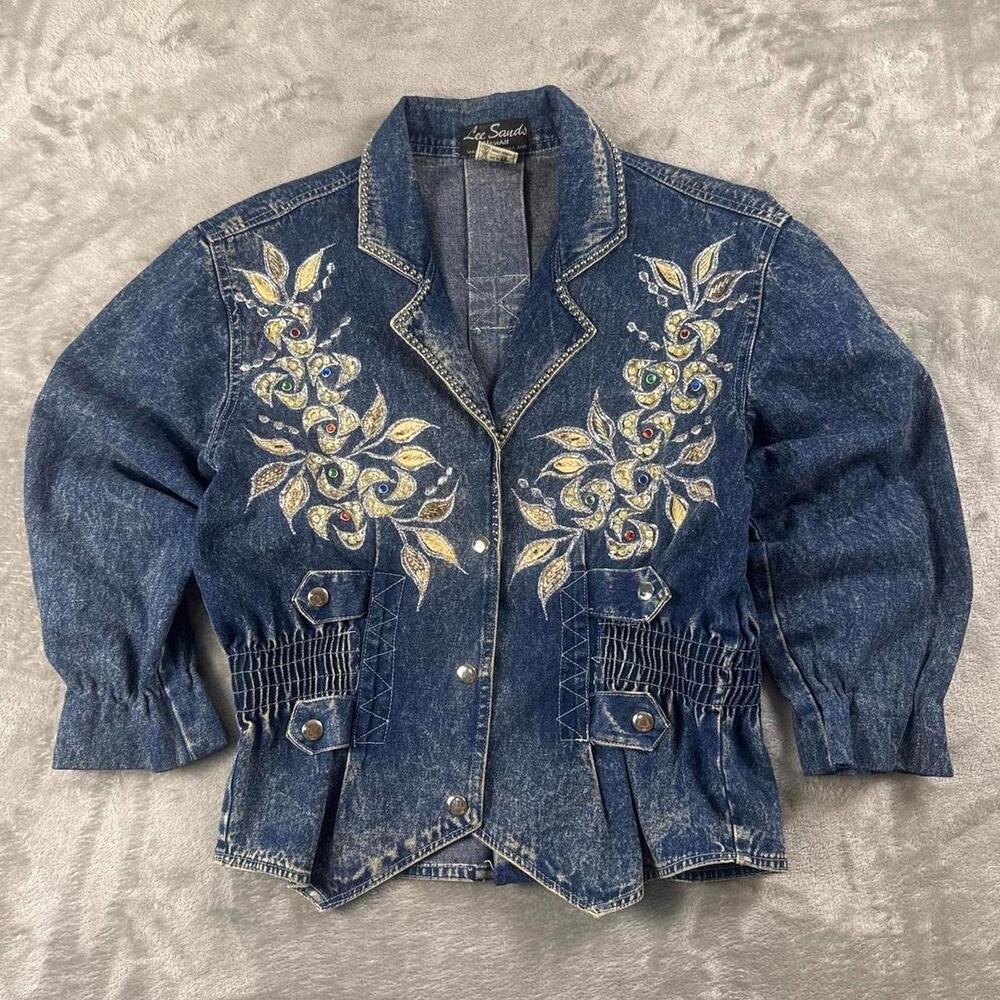 Vintage Lee Sands Hawaii Denim Jacket Women’s S Floral Metallic Cottagecore